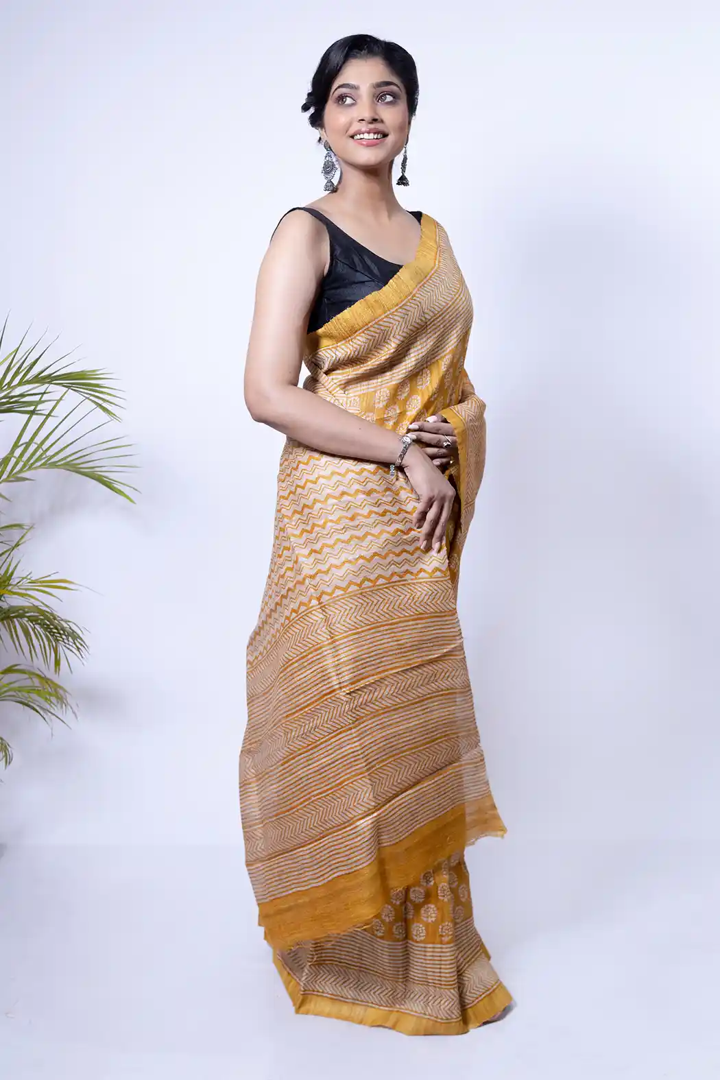 Golden Yellow Block Printed Ghicha Silk saree-2 -Ramdhanu Ethnic