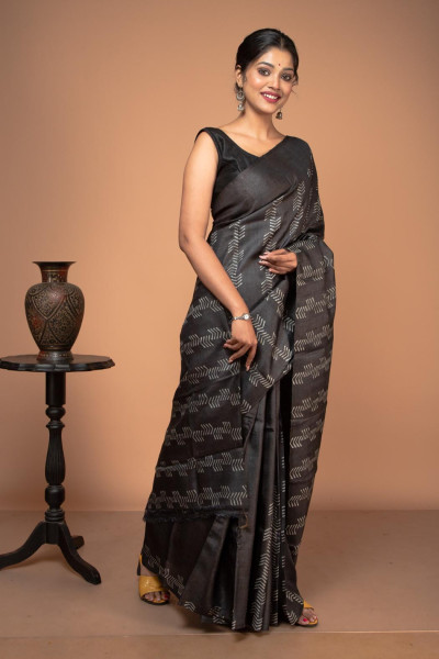 Hand Block Printed Tussar Silk Black saree-2 -Ramdhanu Ethnic