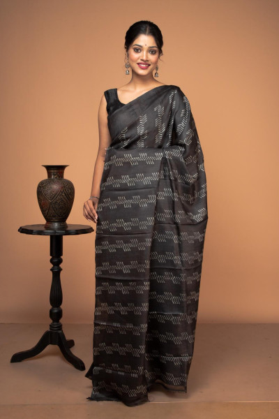 Hand Block Printed Tussar Silk Black saree-1 -Ramdhanu Ethnic