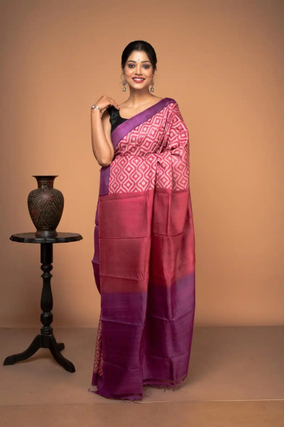 Hand Block Printed Tussar Magenta Silk saree-1 -Ramdhanu Ethnic