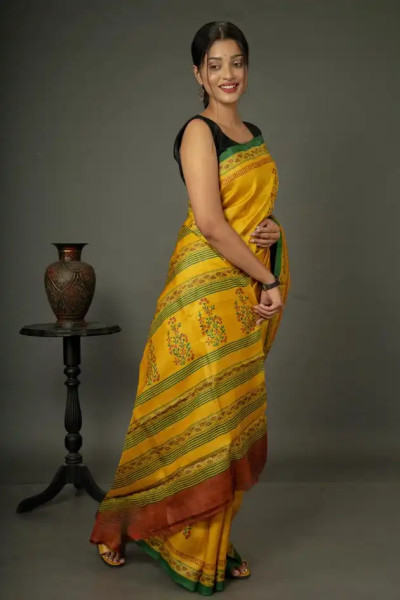 Printed Tussar Yellow Silk Saree with Green Border-2 -Ramdhanu Ethnic