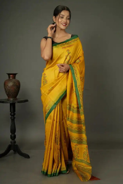 Printed Tussar Yellow Silk Saree with Green Border-1 -Ramdhanu Ethnic