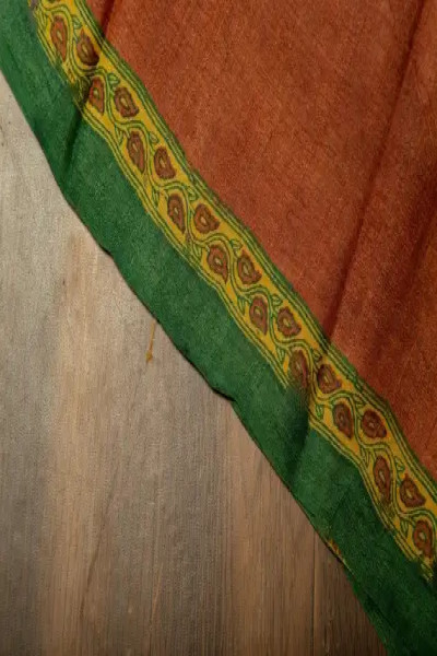 Printed Tussar Yellow Silk Saree with Green Border-3 -Ramdhanu Ethnic
