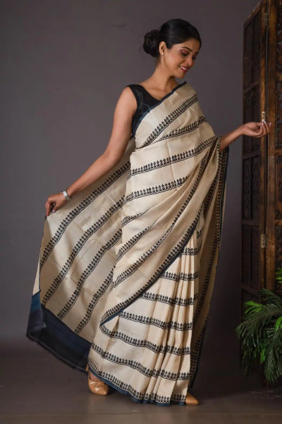 Off-white Block Printed Traditional Tussar Silk saree-1 -Ramdhanu Ethnic