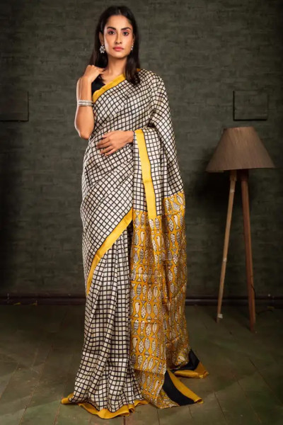 Off-white Tussar in Small Checks Silk Saree design-2 -Ramdhanu Ethnic