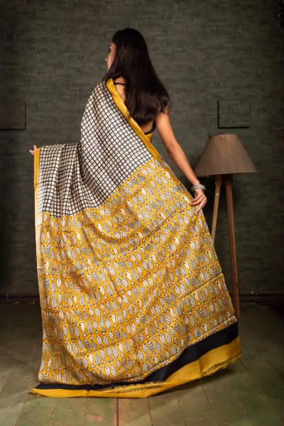 Off-white Tussar in Small Checks Silk Saree design-1 -Ramdhanu Ethnic