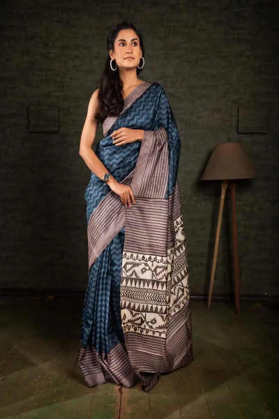 Block Printed Pure Tussar Grey Silk Saree-1 -Ramdhanu Ethnic