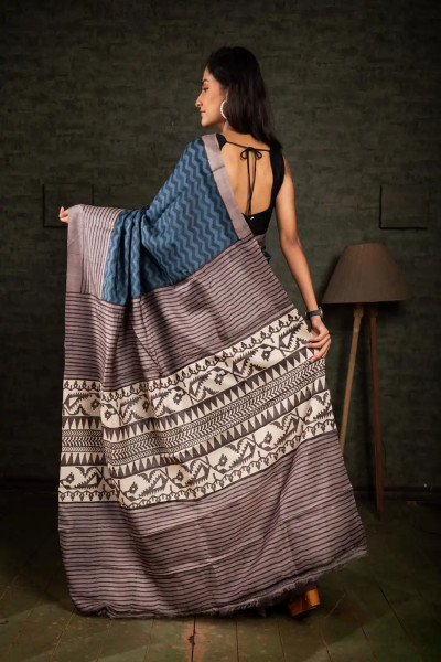 Block Printed Pure Tussar Grey Silk Saree-2 -Ramdhanu Ethnic