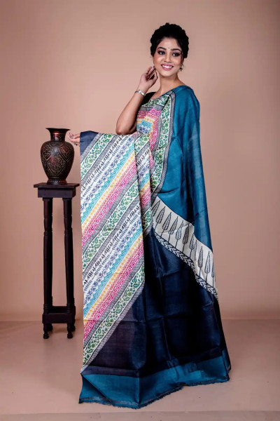 Grey Colour Saree on Pure Tussar Silk-1 -Ramdhanu Ethnic