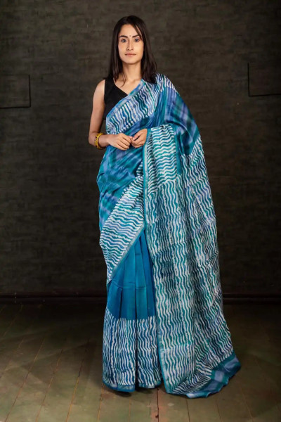 Ocean Blue Chanderi Silk Hand Batik Saree-1 -Ramdhanu Ethnic