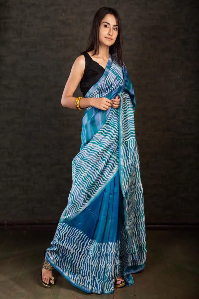 Ocean Blue Chanderi Silk Hand Batik Saree-2 -Ramdhanu Ethnic
