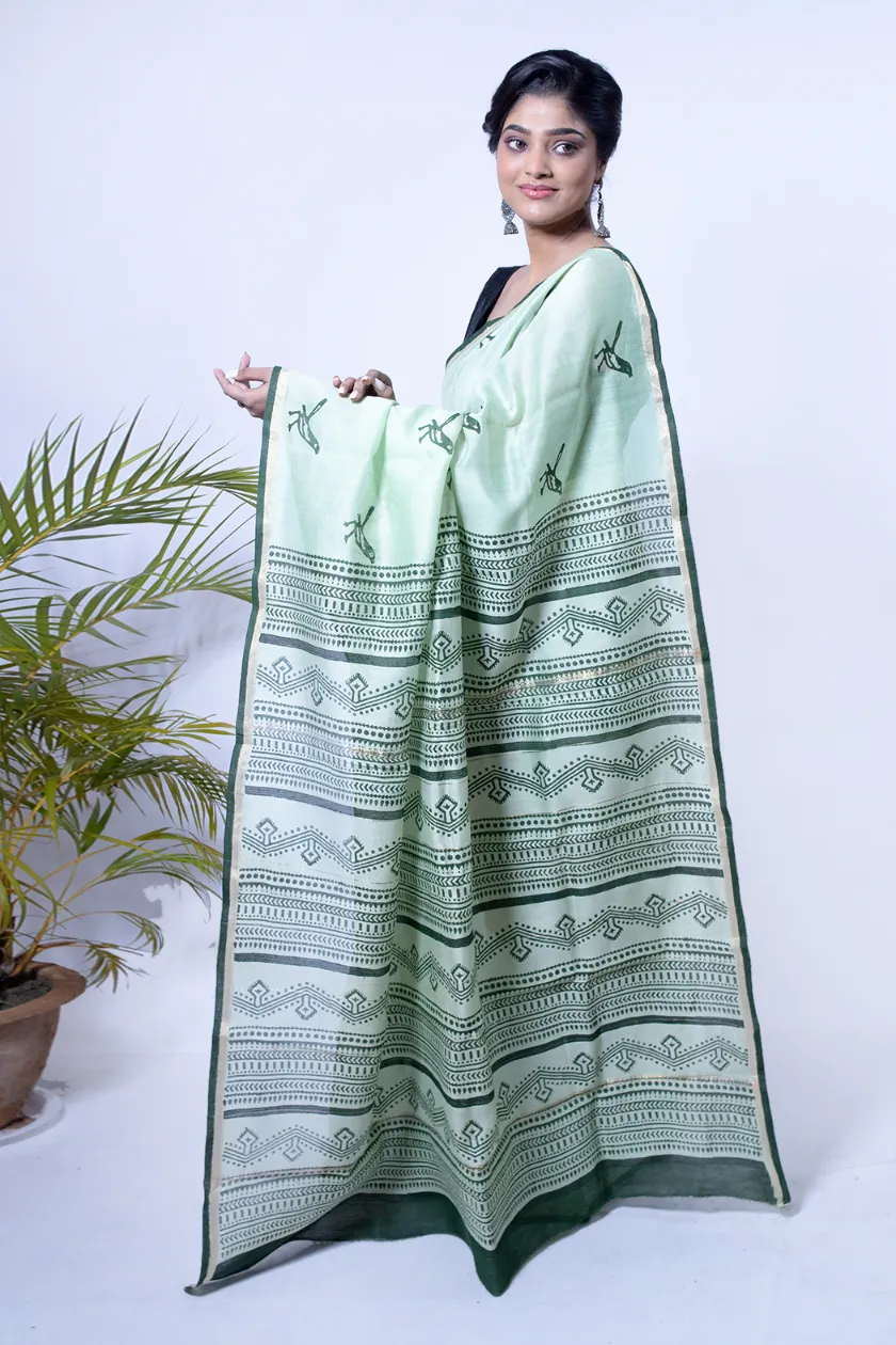 Hand Block Printed Green Chanderi Silk Saree-1 -Ramdhanu Ethnic