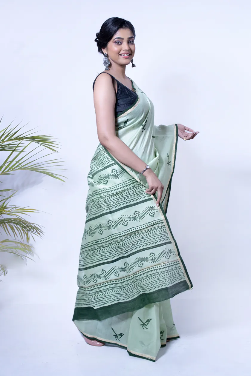 Hand Block Printed Green Chanderi Silk Saree-2 -Ramdhanu Ethnic