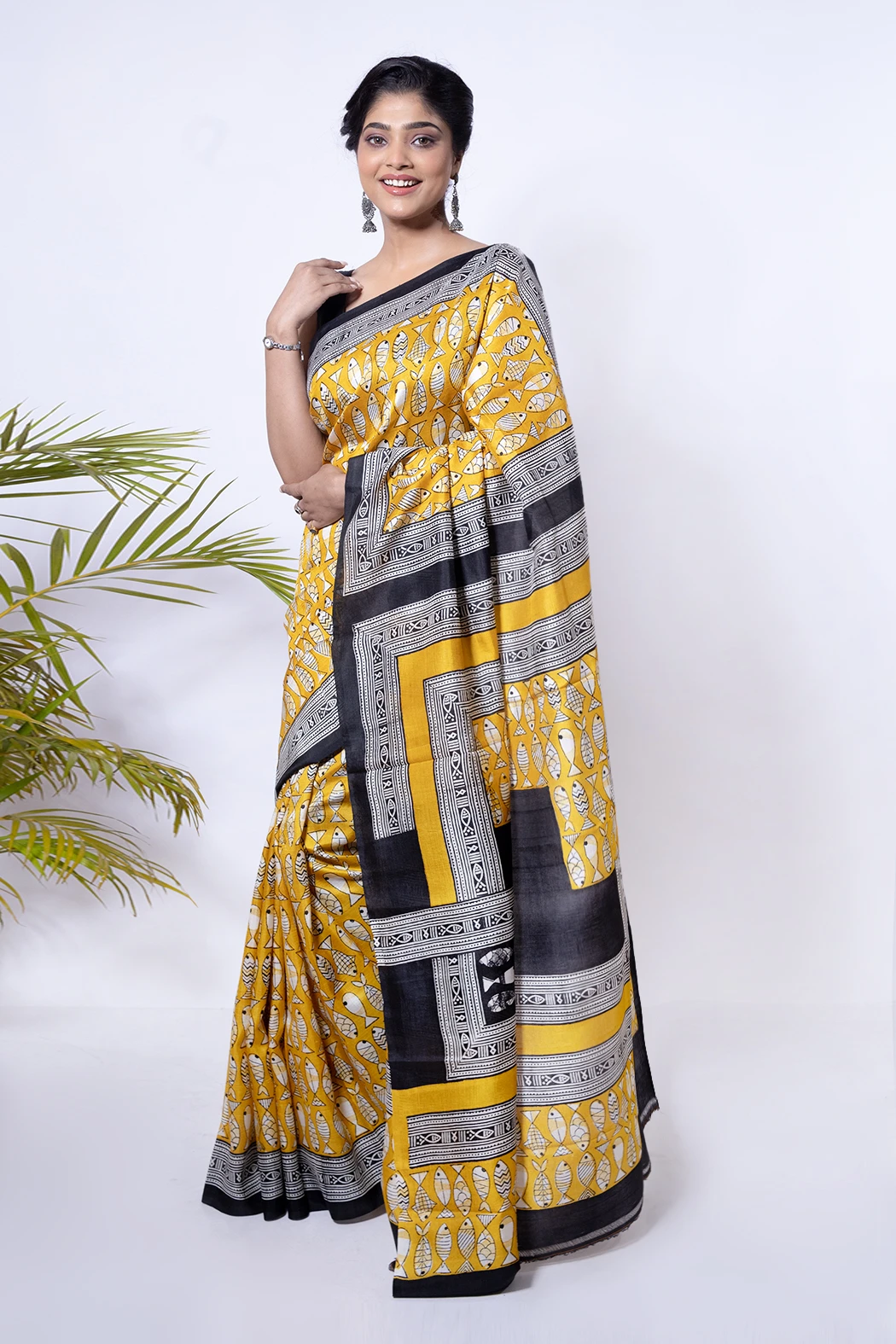 Traditional Yellow Silk Saree Hand Block Printed-1 -Ramdhanu Ethnic