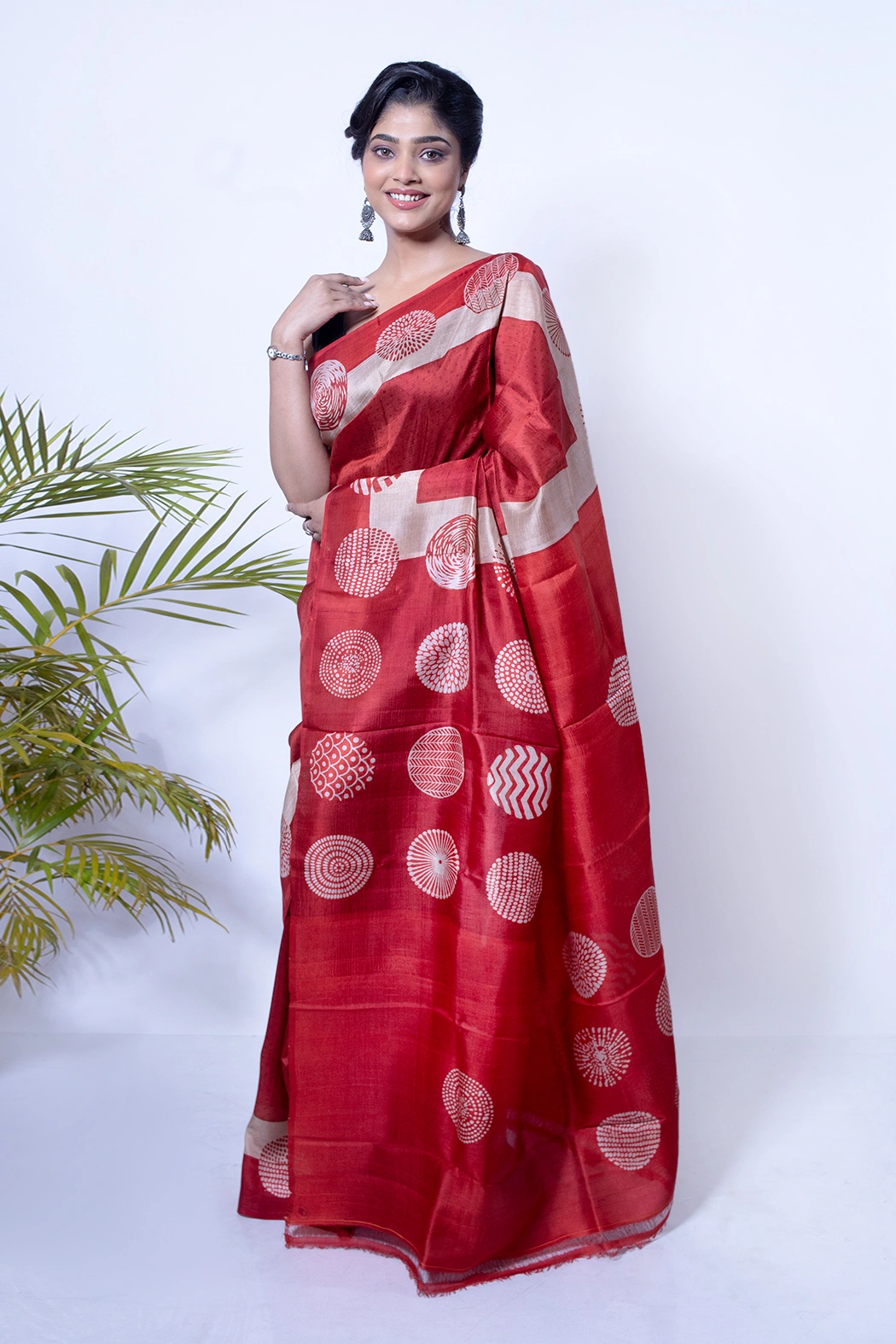 Hand Block Printed Red Modern Soft silk Saree-1 -Ramdhanu