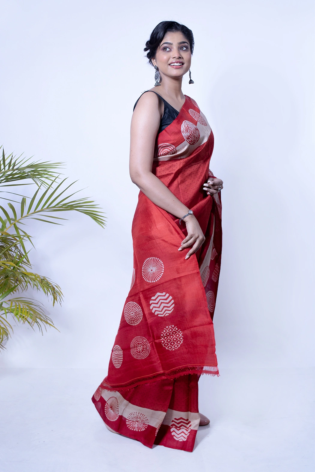 Hand Block Printed Red Modern Soft silk Saree-2 -Ramdhanu