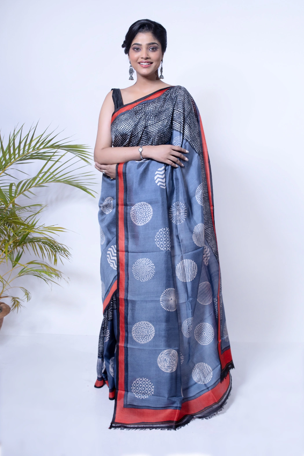 Block Printed Grey Silk saree with Red Border-1 -Ramdhanu Ethnic