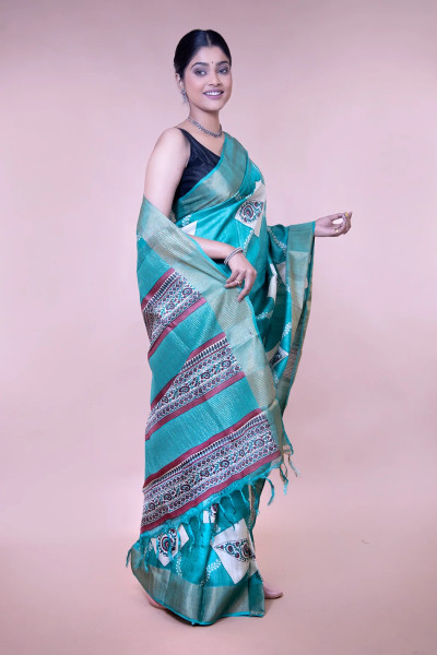 Sea Green Block Printed Zari Tussar Silk Saree-1 -Ramdhanu Ethnic