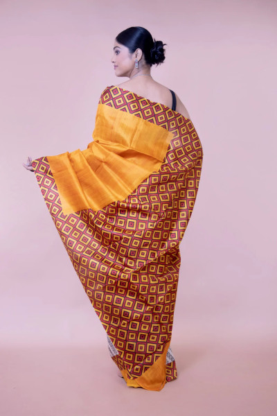 Block Printed Golden Yellow Soft Silk Saree-2 -Ramdhanu Ethnic