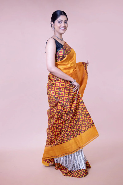 Block Printed Golden Yellow Soft Silk Saree-1 -Ramdhanu Ethnic