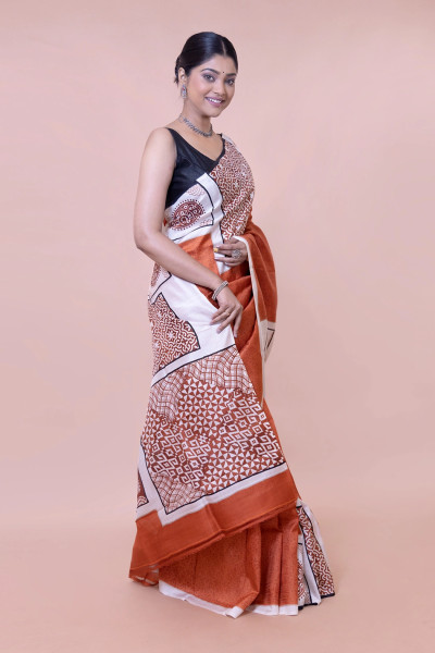 Pure Silk Saree in Rust and White Combination-1 -Ramdhanu Ethnic
