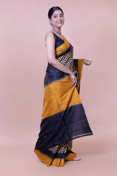 Yellow and Blue Silk Saree in Geometric Pattern-1 -Ramdhanu Ethnic