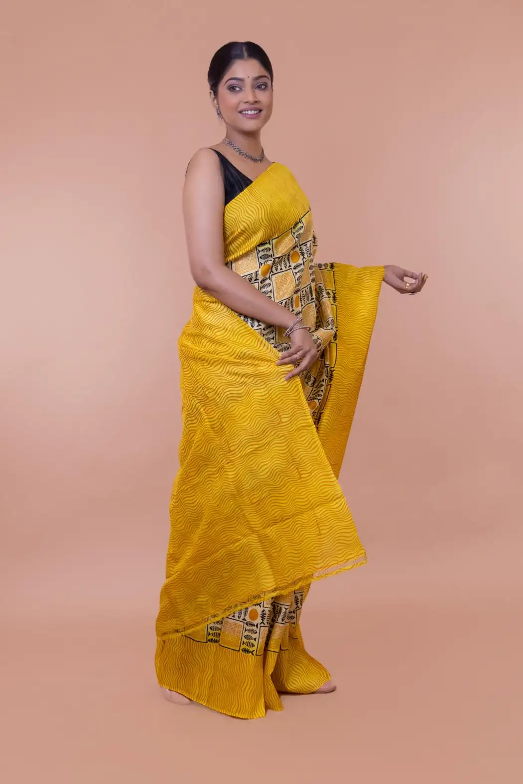 Block Printed Yellow Pattu Pure Silk Saree-1 -Ramdhanu Ethnic