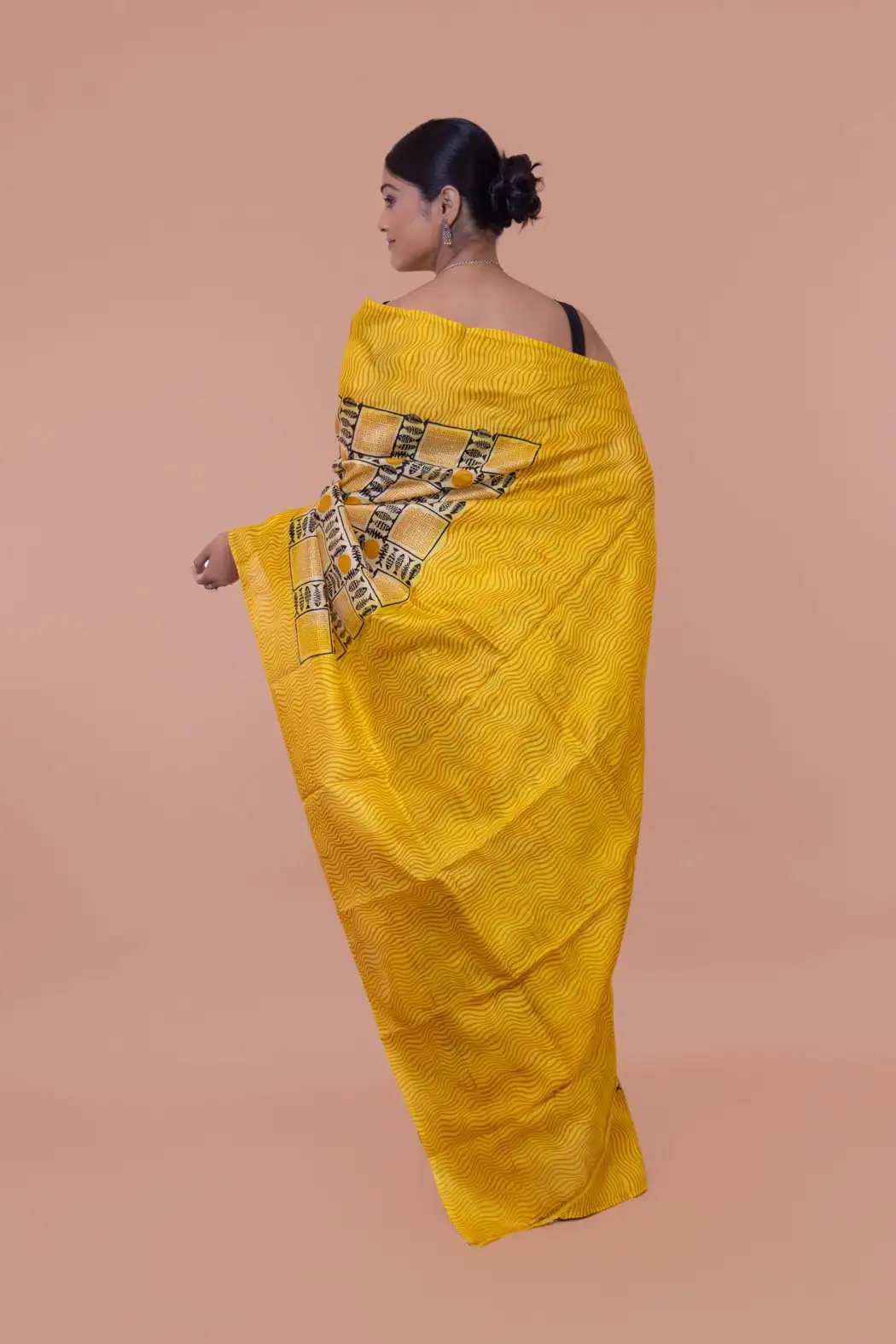 Block Printed Yellow Pattu Pure Silk Saree-2 -Ramdhanu Ethnic