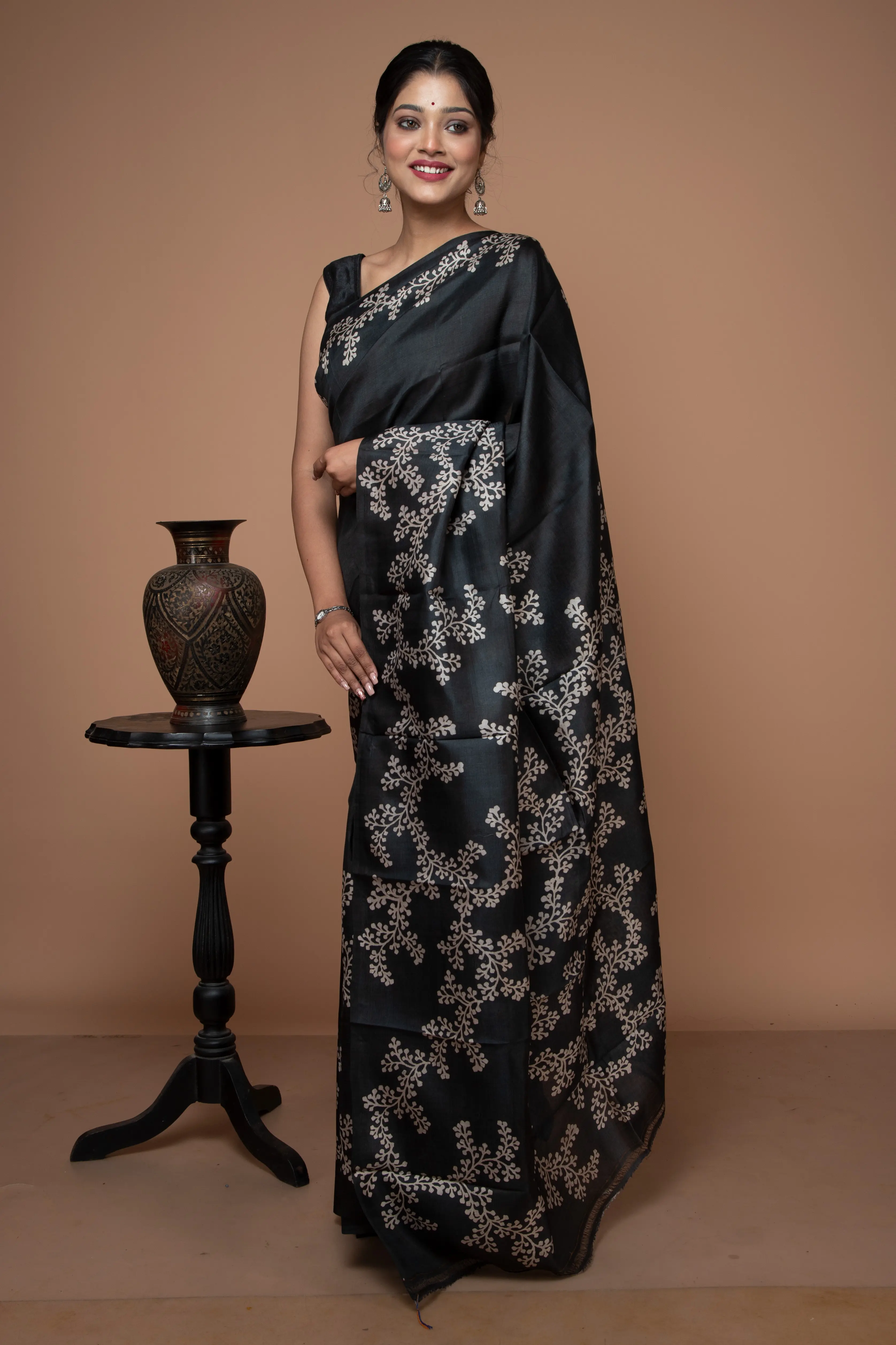 Exclusive hand block printed black silk saree-1 -Ramdhanu Ethnic