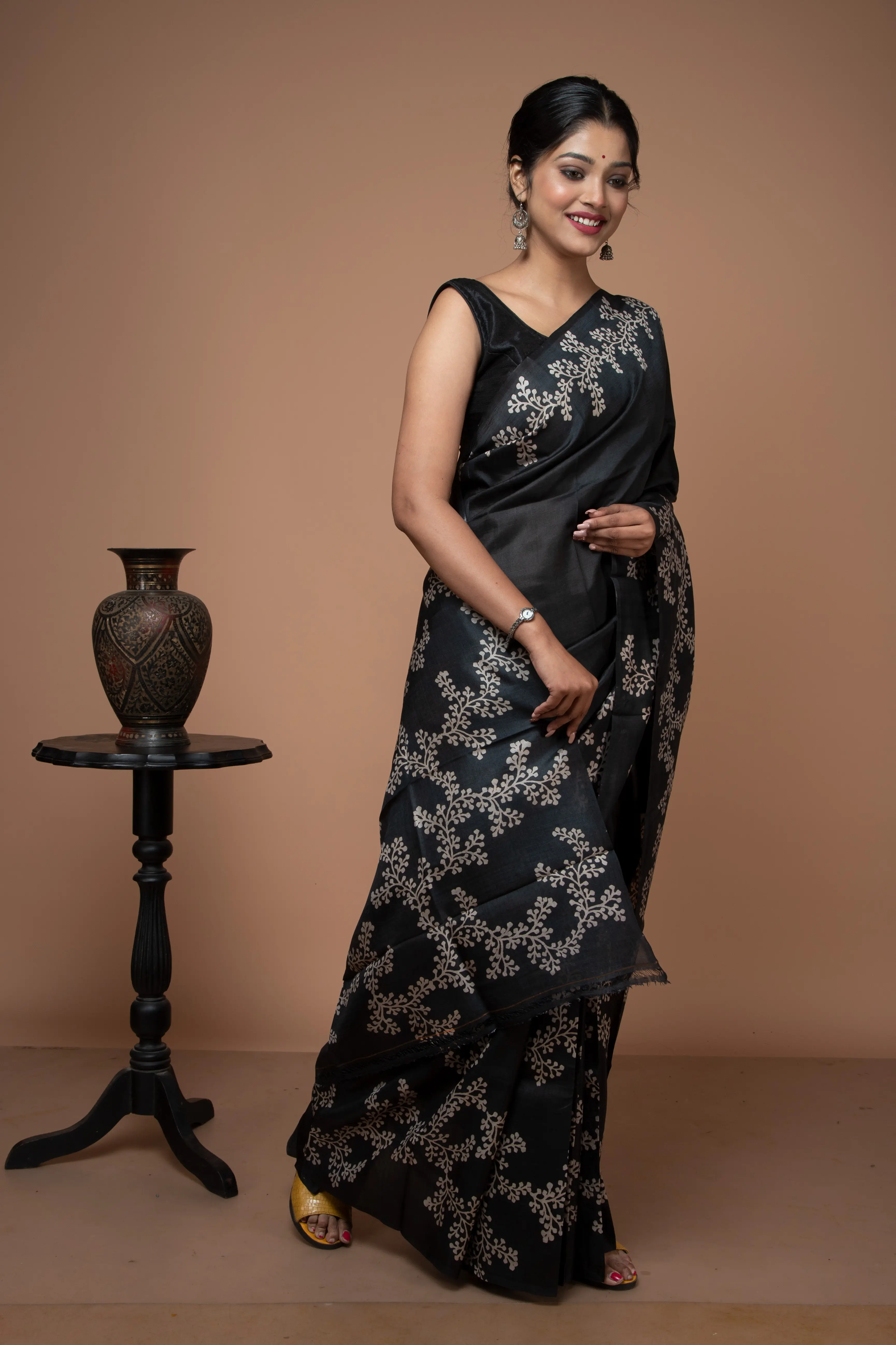 Exclusive hand block printed black silk saree-2 -Ramdhanu Ethnic