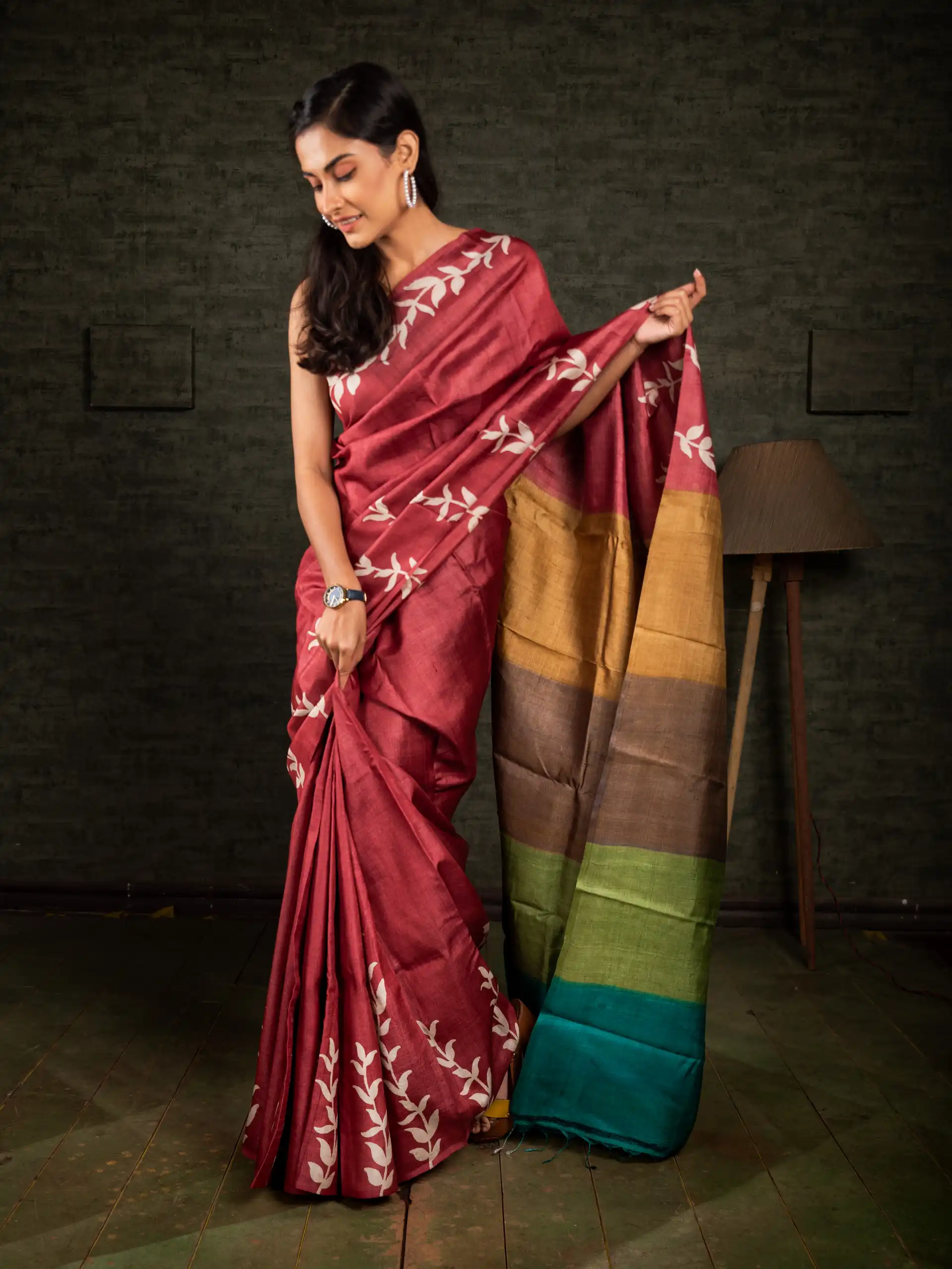 Crimson Red Tussar Silk Saree with Multicolor Aanchal Design-1 -Ramdhanu Ethnic