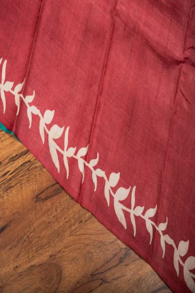 Crimson Red Tussar Silk Saree with Multicolor Aanchal Design-3 -Ramdhanu Ethnic