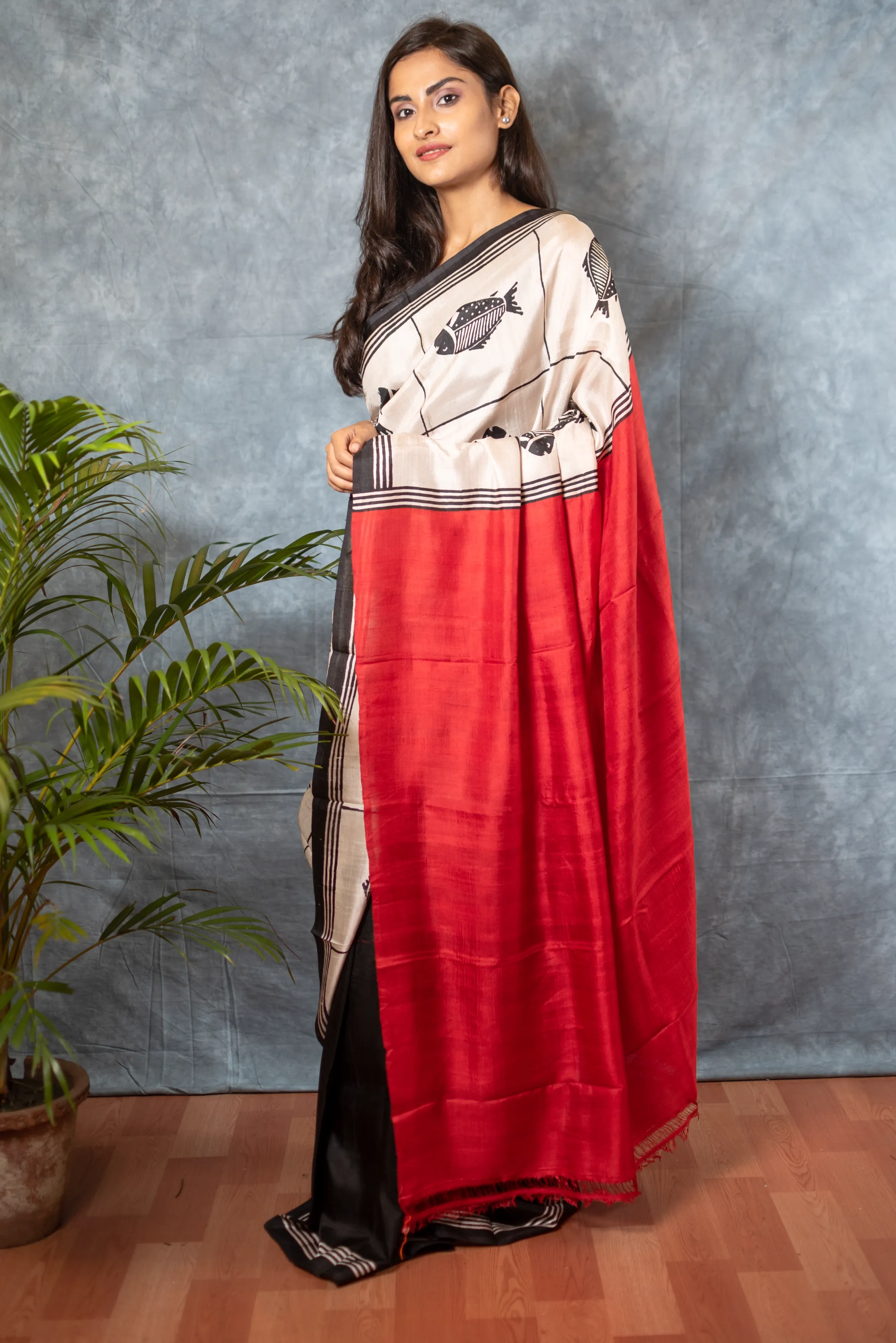 Hand Block Printed Silk Saree from Bengal-1 -Ramdhanu Ethnic