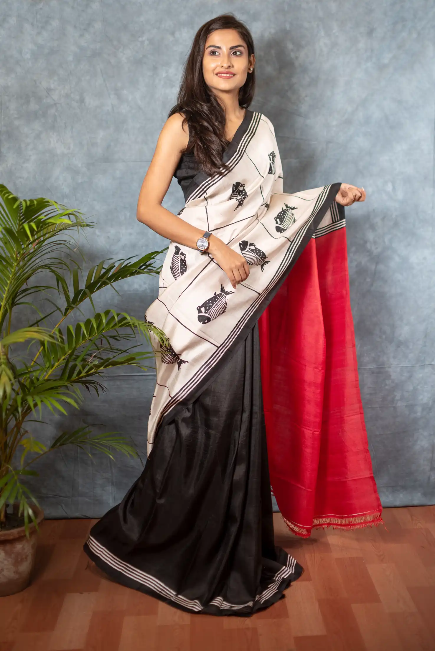 Hand Block Printed Silk Saree from Bengal-2 -Ramdhanu Ethnic