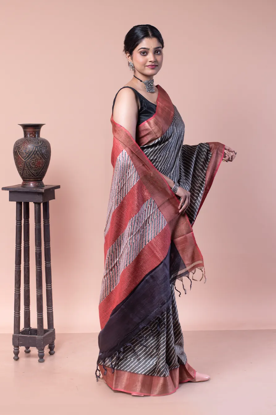 Red and black pure zari tussar silk sarees-2 -Ramdhanu Ethnic