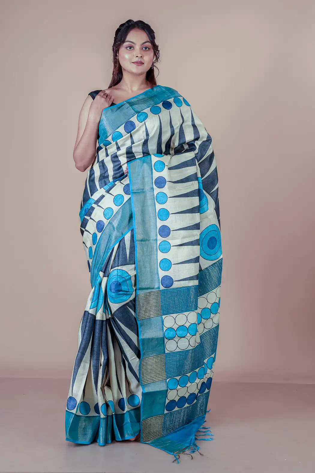 Shop this exclusive Blue and white zari tussar silk saree-1 -Ramdhanu Ethnic