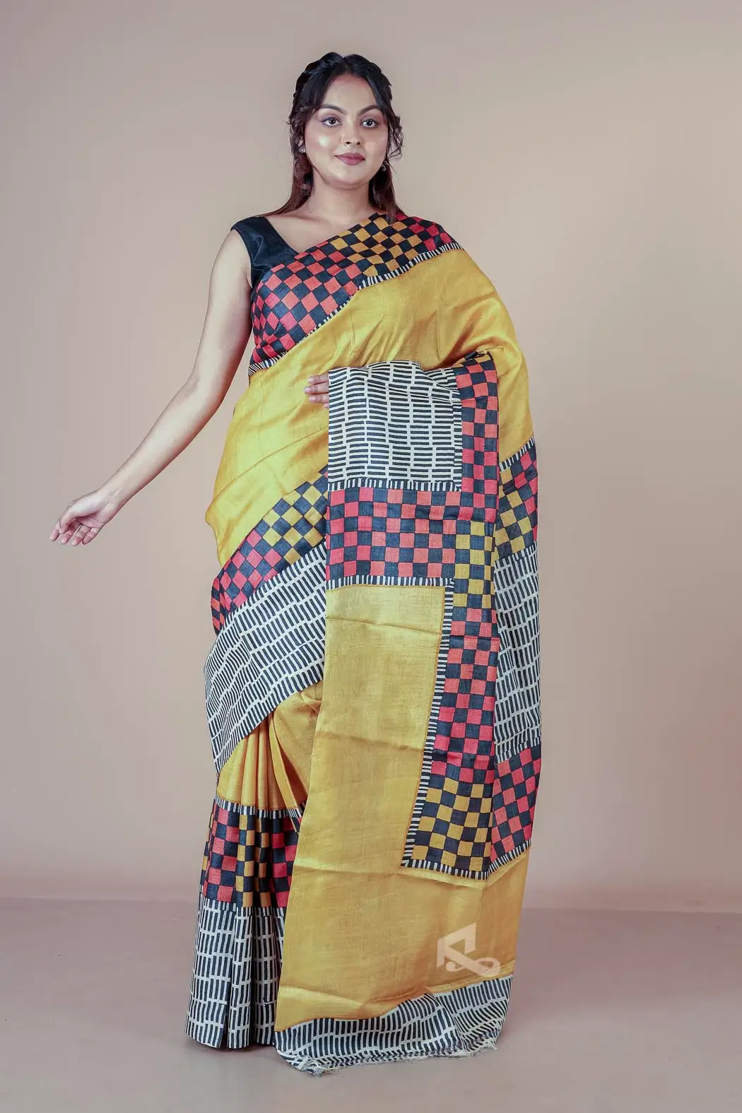 Hand block printed tussar sarees in golden yellow color-2 -Ramdhanu Ethnic