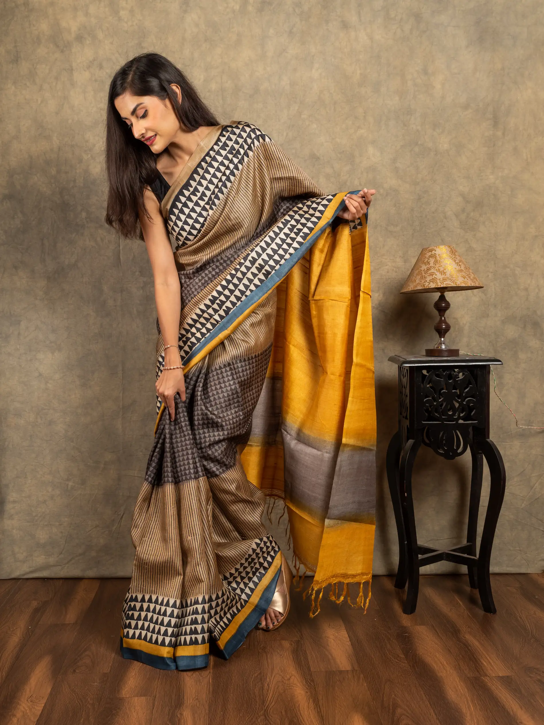 Light brown tussar silk block print saree-2 -Ramdhanu Ethnic