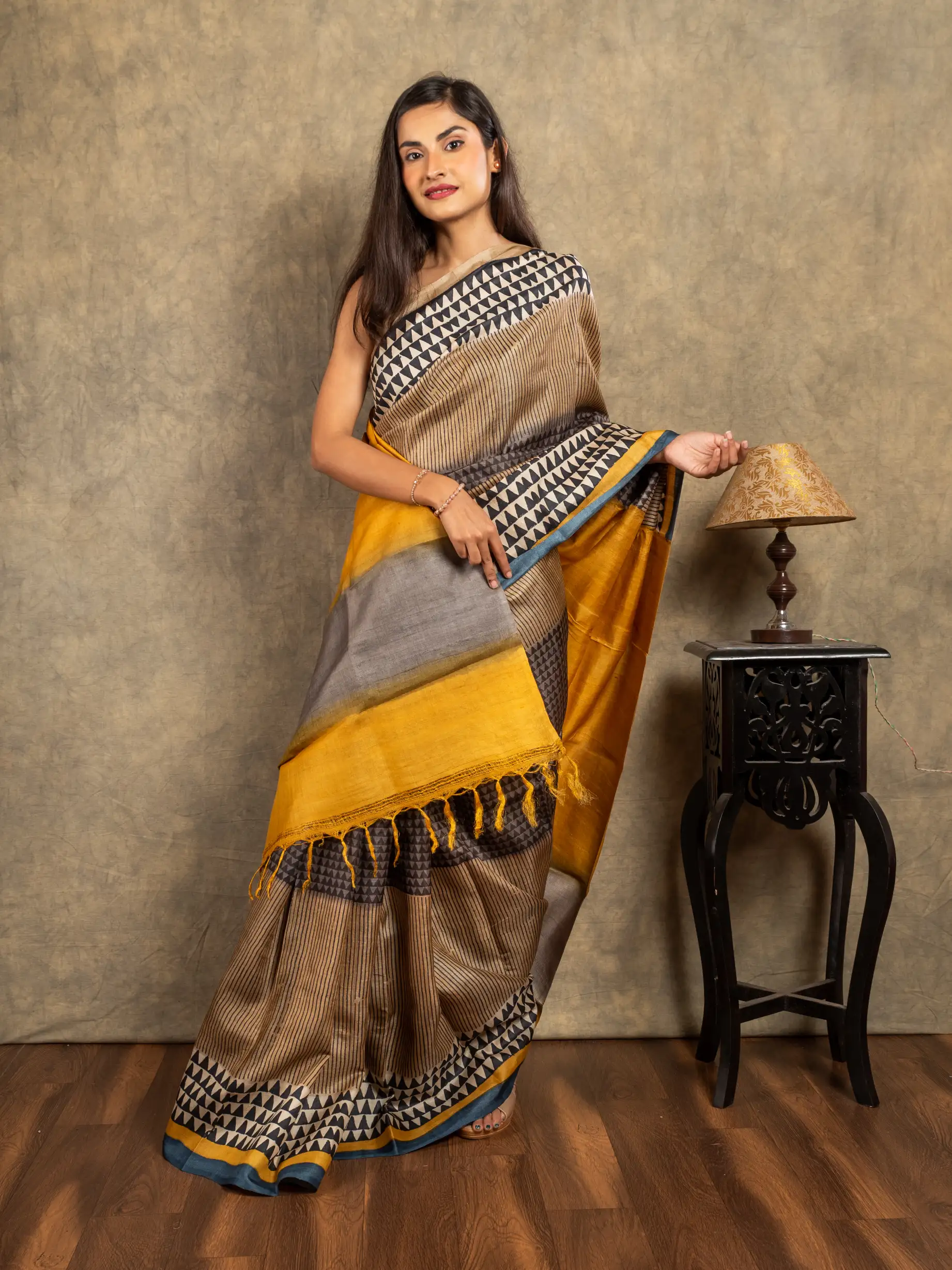 Light brown tussar silk block print saree-1 -Ramdhanu Ethnic