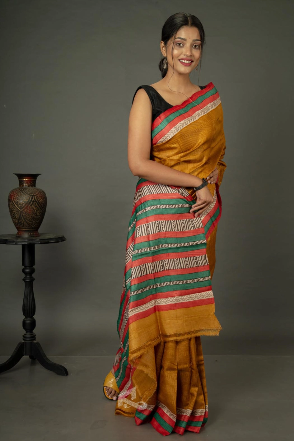 Mustard green and red tussar silk block print saree-2 -Ramdhanu Ethnic