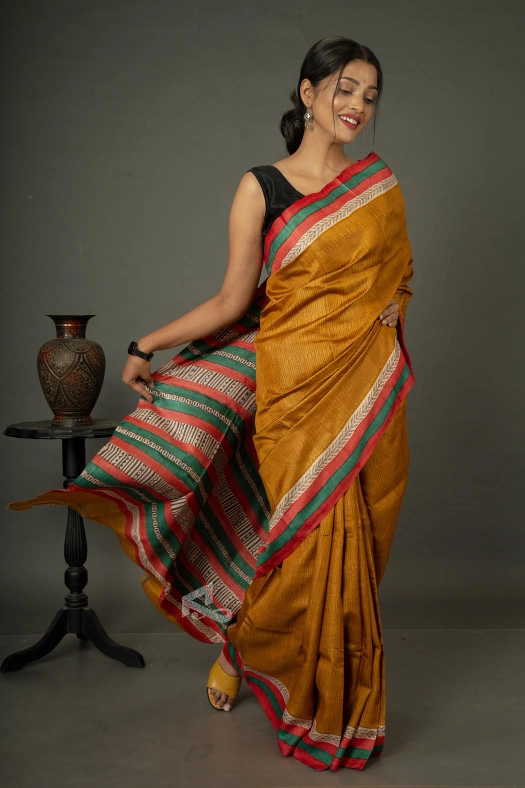 Mustard green and red tussar silk block print saree-1 -Ramdhanu Ethnic