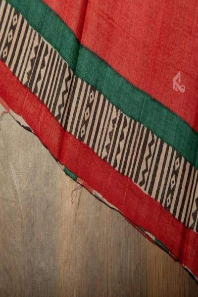 Mustard green and red tussar silk block print saree-3 -Ramdhanu Ethnic