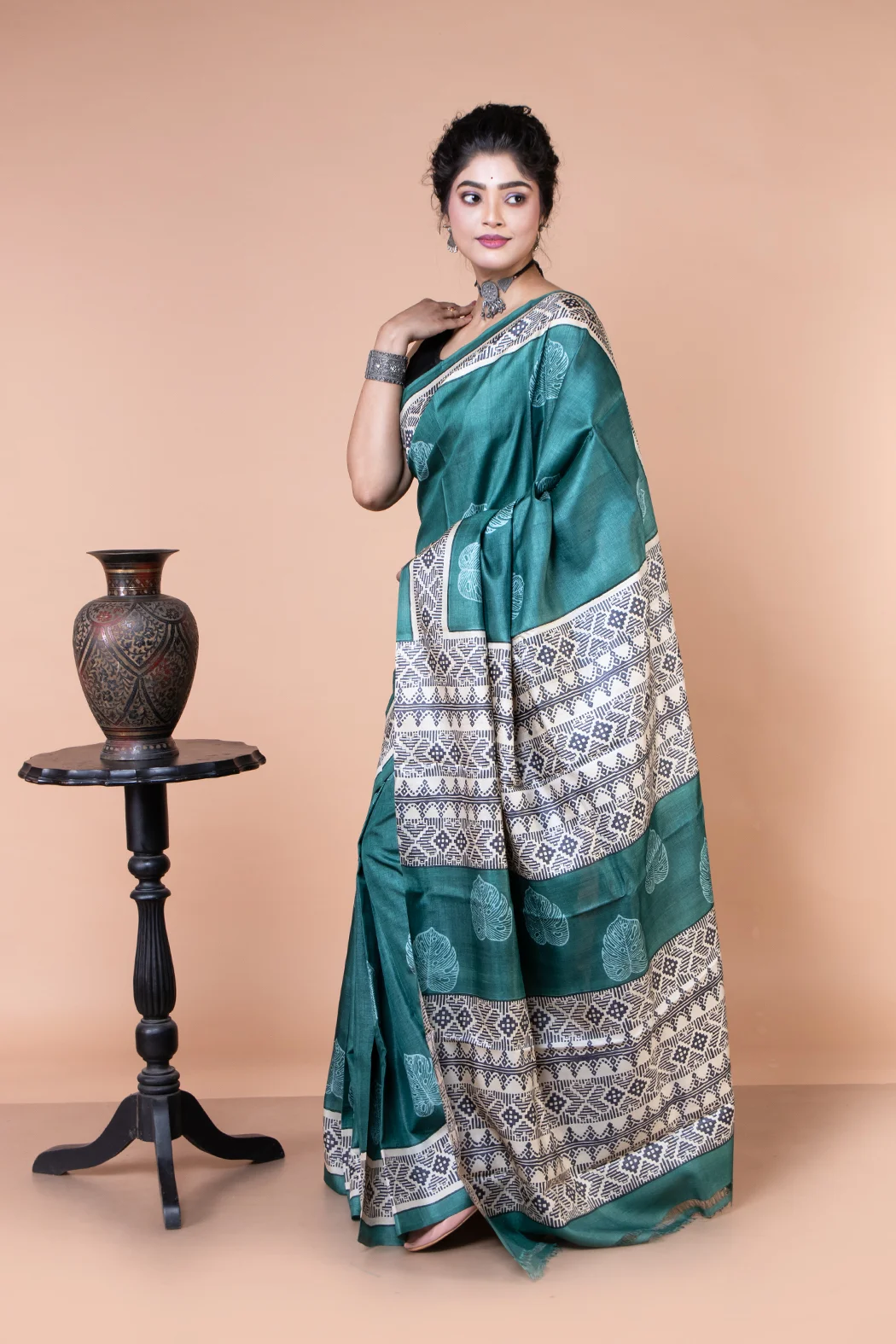 Dark green and white color tussar silk saree perfect for evening party-1 -Ramdhanu Ethnic
