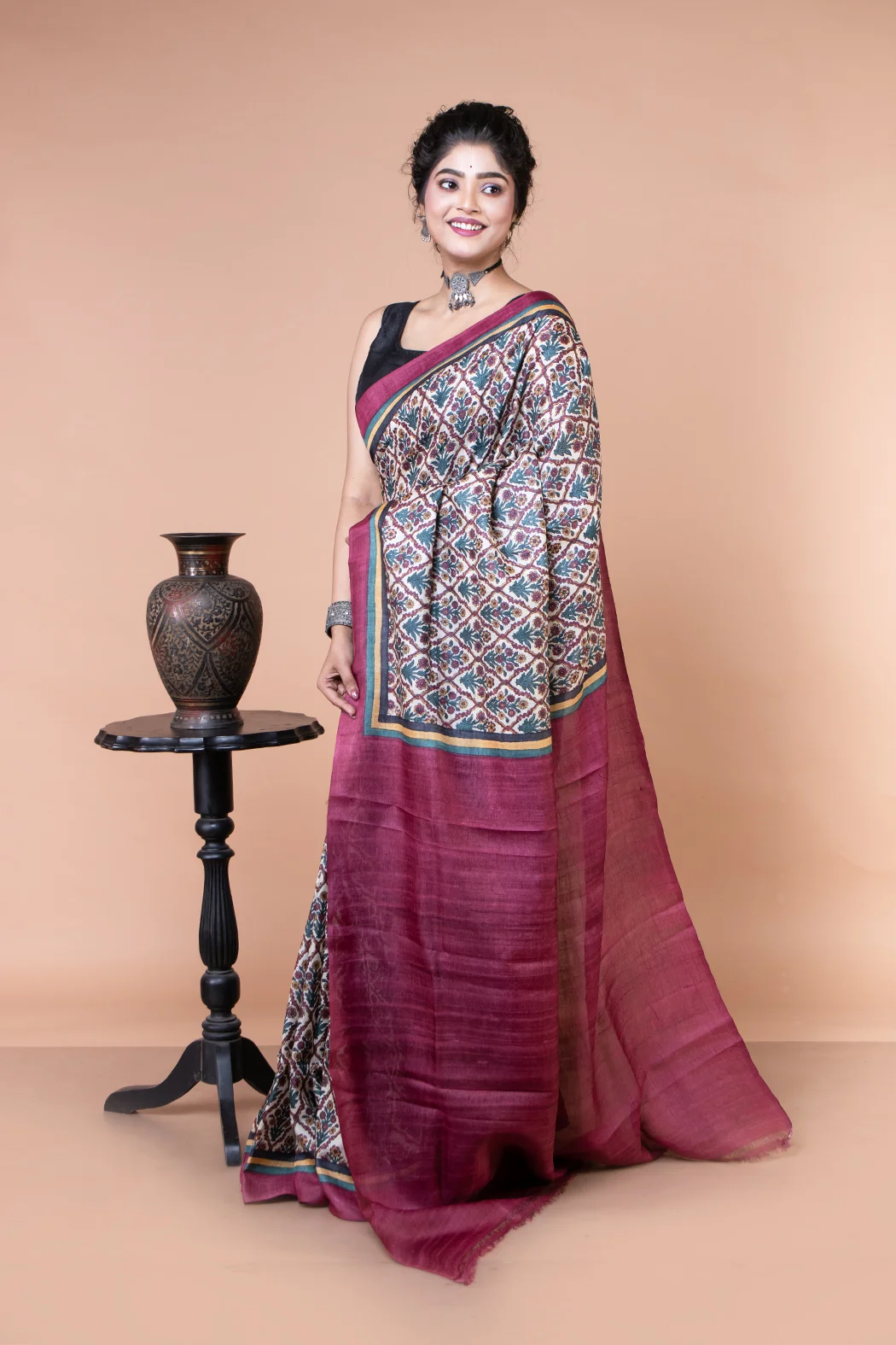 Dark green and maroon color tussar silk saree-1 -Ramdhanu Ethnic