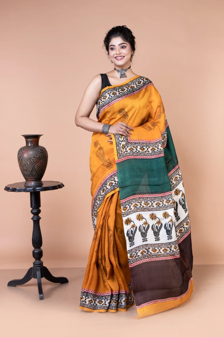 Exquisite Yellow Pure Silk Block Print Saree-2 -Ramdhanu Ethnic