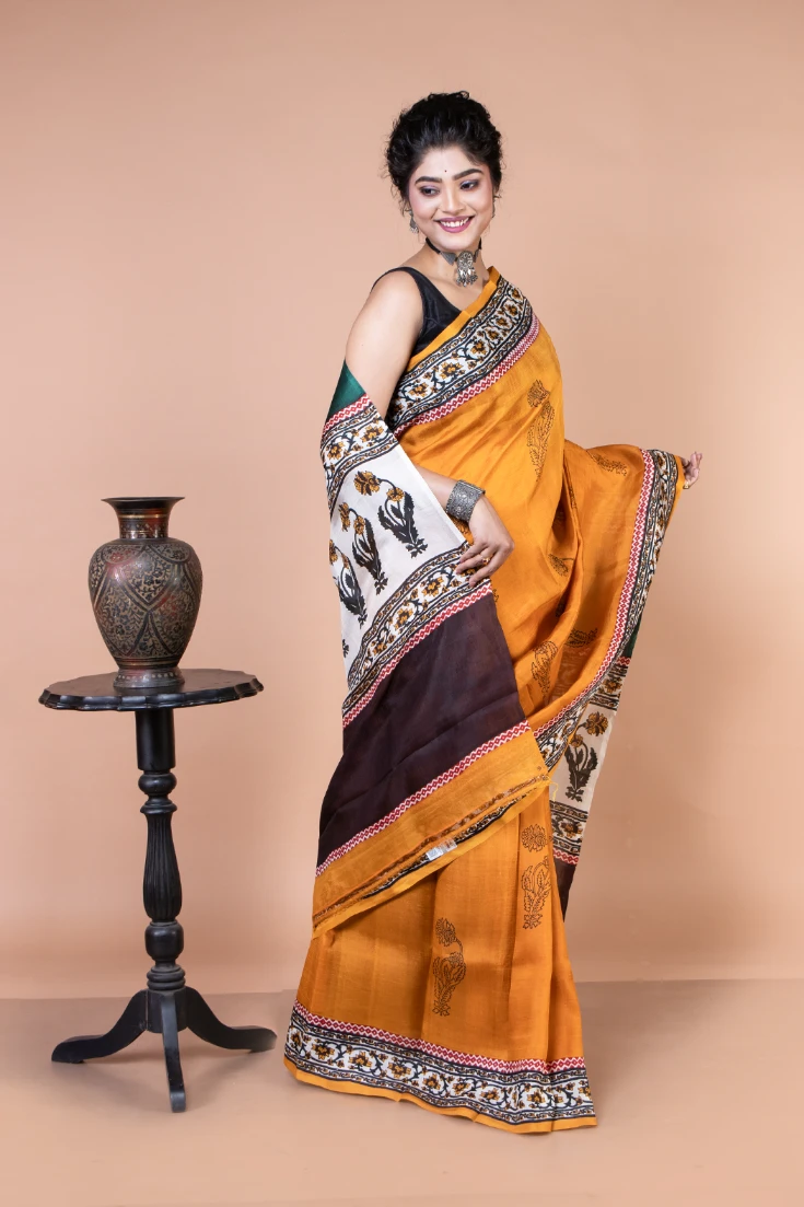 Exquisite Yellow Pure Silk Block Print Saree-1 -Ramdhanu Ethnic