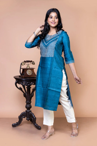 Blue Tussar Silk Kurta-2 -Ramdhanu