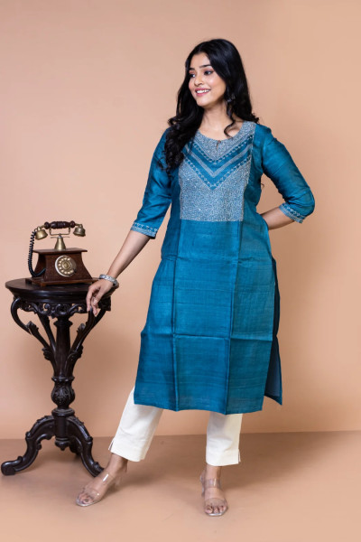 Blue Tussar Silk Kurta-1 -Ramdhanu