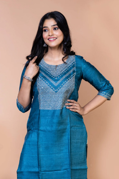 Blue Tussar Silk Kurta-3 -Ramdhanu