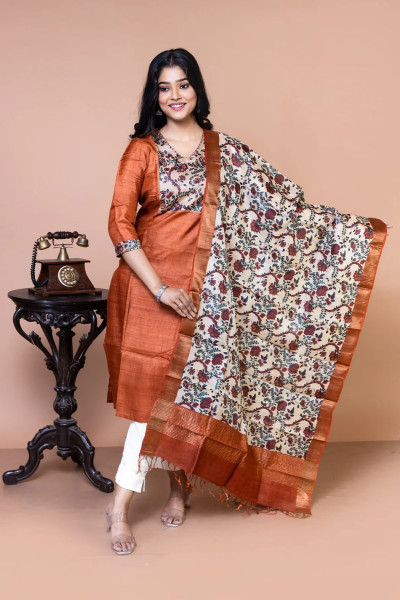 Tussar Silk Kurta Only in Rust Colour (Kurta Only)-1 -Ramdhanu